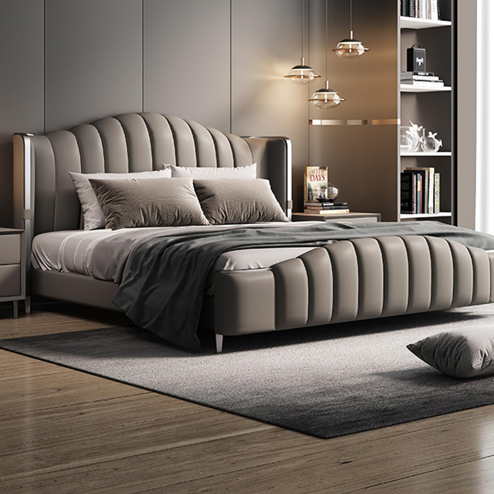 King Size Genuine Leather Wood Bed Upholstered Platform Bed Frame with Headboard and Lift Up Storage Wooden Slats