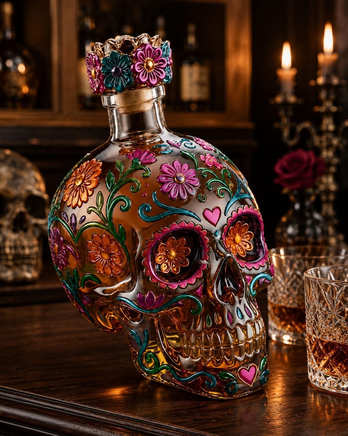 2026 Botella decantadora gótica con diseño de calavera del Día de los Dead, edición limitada, decoración para el hogar, bar, Halloween, fiesta, regalo (14 cm)