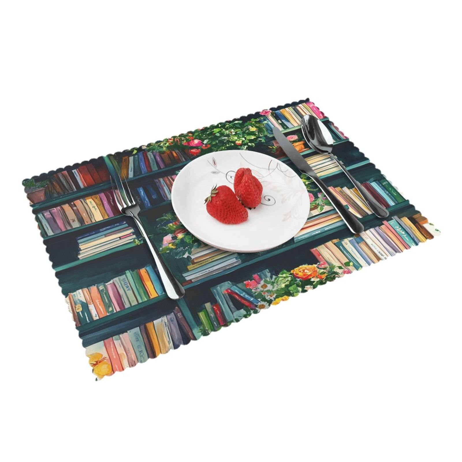 Bookshelf Booklovers Flowers (3) Placemats Set of 4 Print Table Mats Place Mats Table Decor for Kitchen Dining 12X18 in