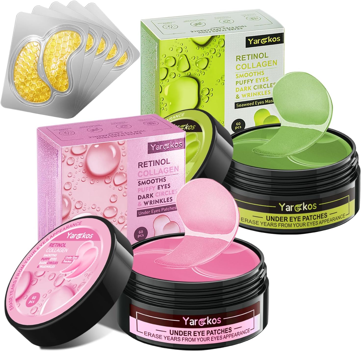 2 stuks collageen hydrogel anti-aging oogmasker met 5 stuks Travel 24K gouden oogmasker, 60 stuks hydraterend oogpads, tegen kringen rond de ogen, 30 paar hyaluronzuur oogpads, 24K roze + groen