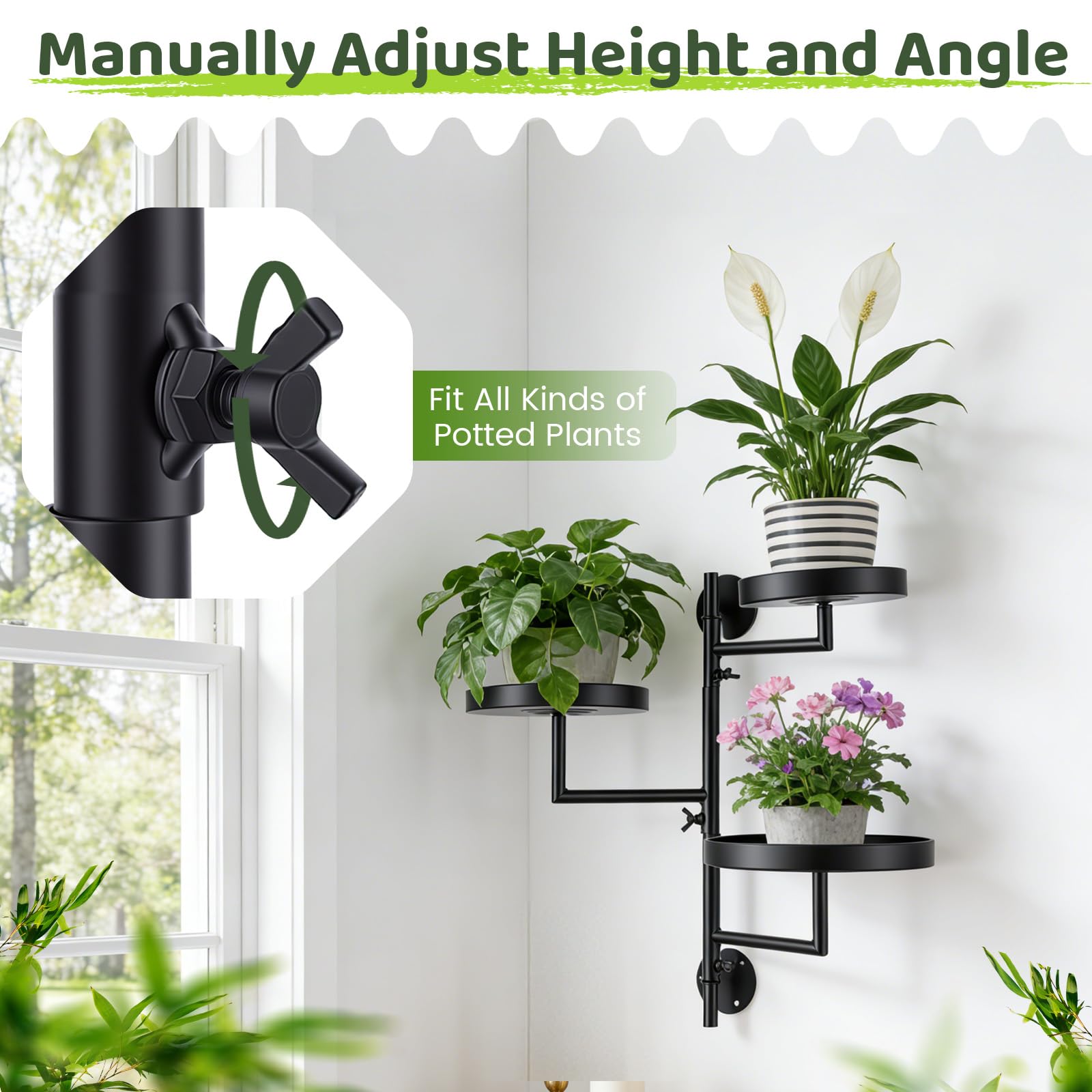 Estante giratorio de pared 3 niveles para plantas – Soporte metálico con rotación 180°, diseño salvaspacio, resistente al agua y óxido, fácil montaje – Ideal para ventana, balcón, salón y rincón