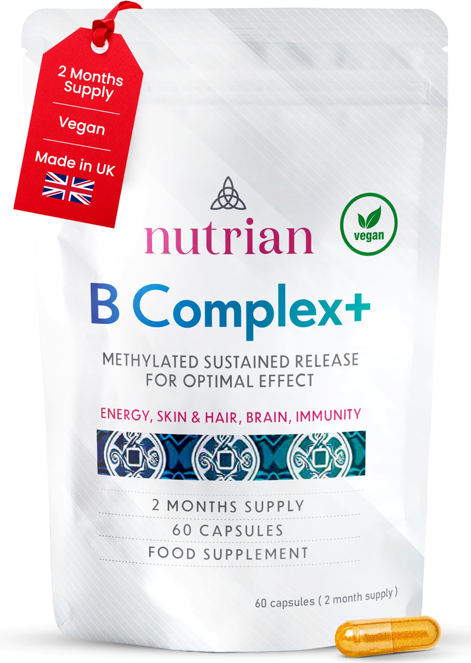 Vitamin B Complex High Strength with Biotin, (5-MTHF) & VIT B12, Sustained Release with 8 B Vitamins Per Capsule for Energy Skin Hair and Fatigue Support, Vegan, UK Made, 60 Servings