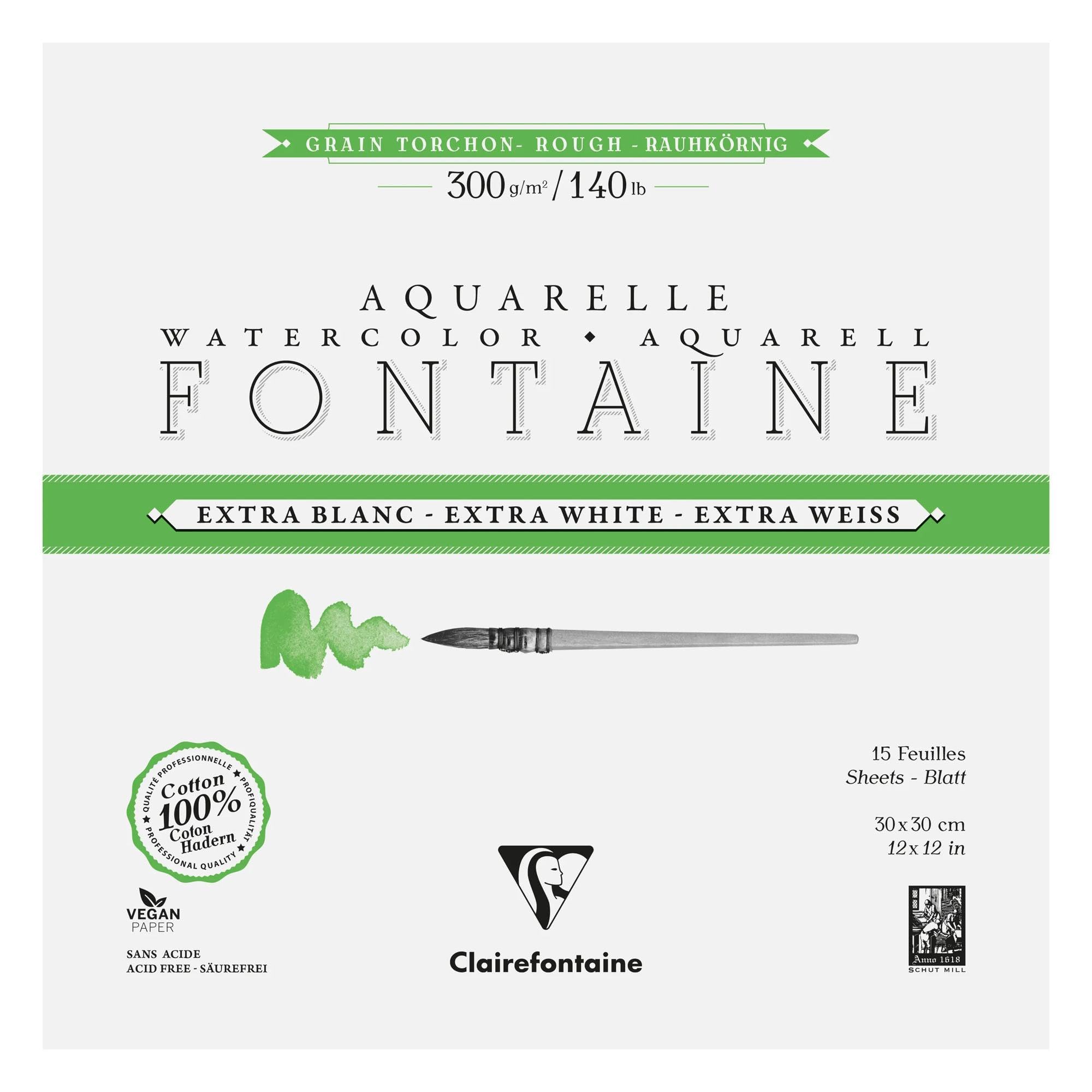Clairefontaine 976086C Fontaine Extra White Torchon Grain 30x30cm 300g 4-Sided Glued Pad - 15 Sheets of Extra White 100% Cotton Watercolour Paper - Professional