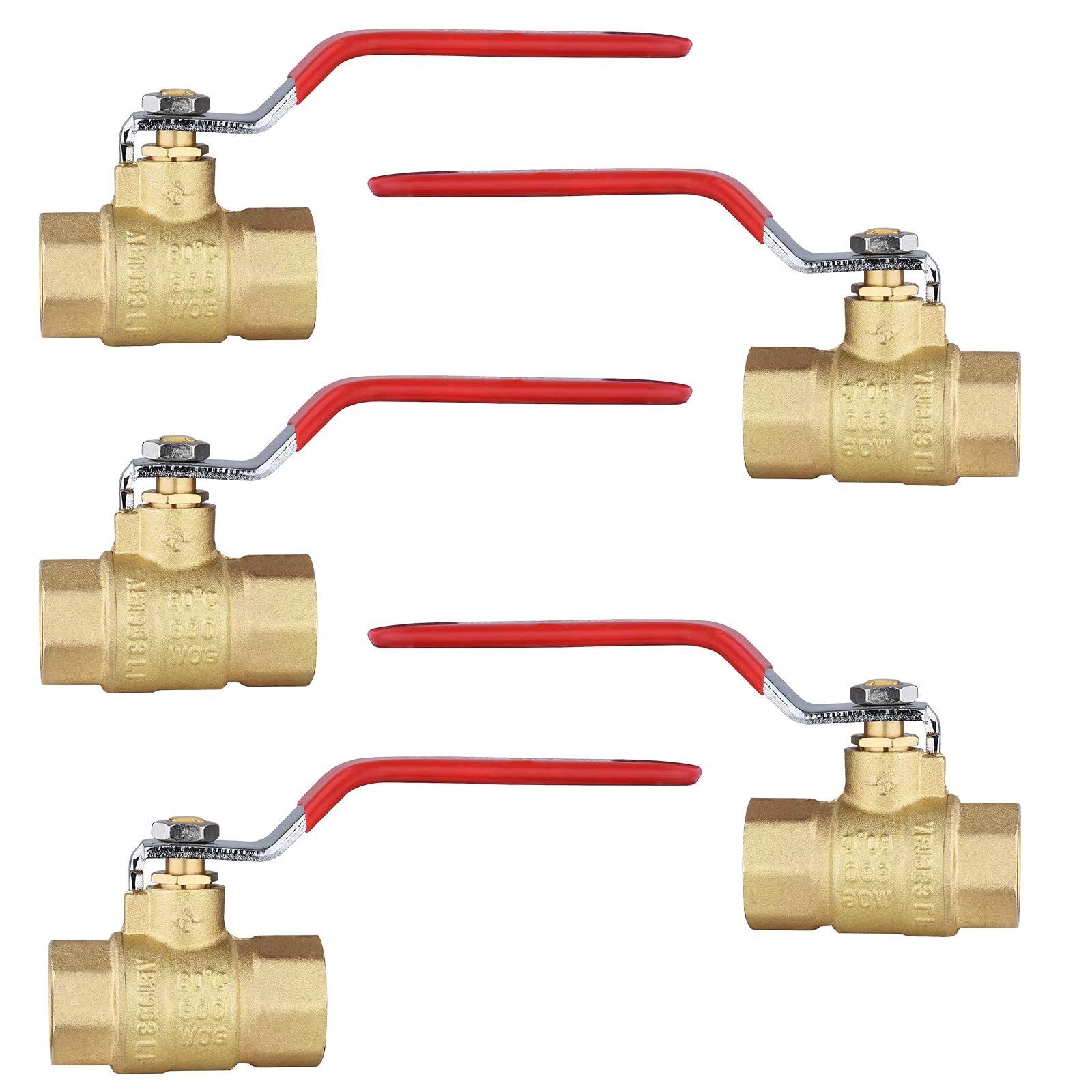 HeSun Lot de 5 robinets à boisseau sphérique filetés FIP de 1,9 cm, vanne d'arrêt à port complet en laiton, 1,9 cm NPT femelle x 1,9 cm NPT, 600 WOG (eau, huile et gaz), rouge