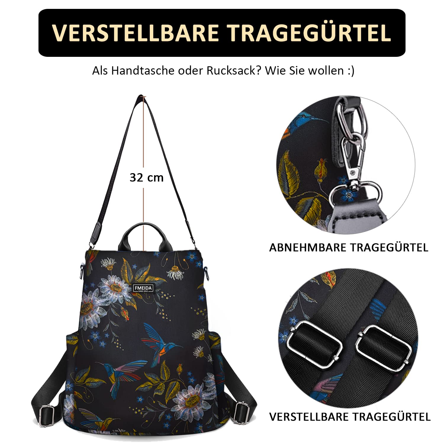 Fmeida Rucksack Damen Anti Diebstahl Nylon Handtaschen Wasserdichte 2 in 1 Schultertasche Casual Daypack Klein Reiserucksack für Frauen Mädchen
