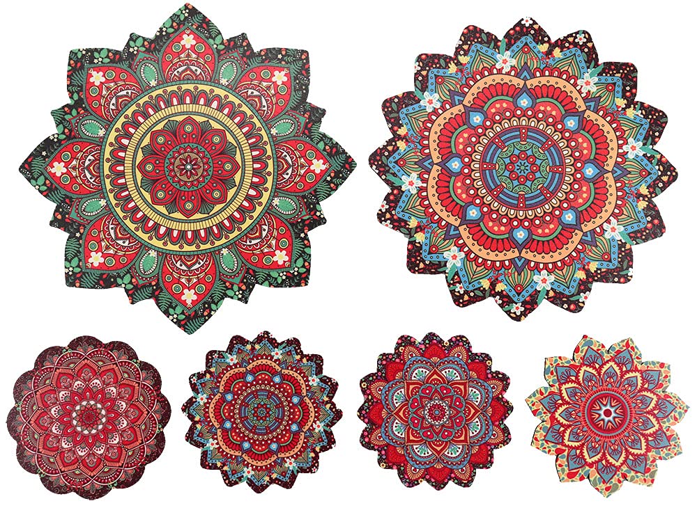 6 Pcs Trivet and Coaster Set for Drinks,Table Decoration, Wooden Non Slip Trivets for Hot Pots Dishes Mandala Design,Perfect for Kitchen Top or Dining Table Placemats
