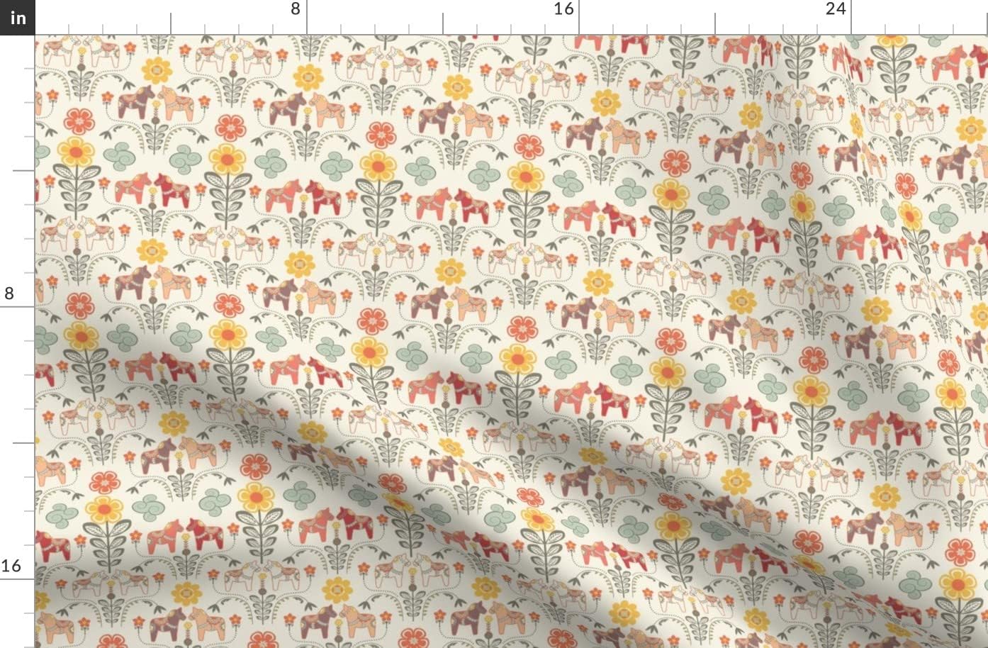 Spoonflower Fabric - Dala Horse Illustration Flowers Folk Pastel Multicolor Printed on Organic Cotton Sateen Fabric by The Yard - Sewing Quilting Apparel Home Decor