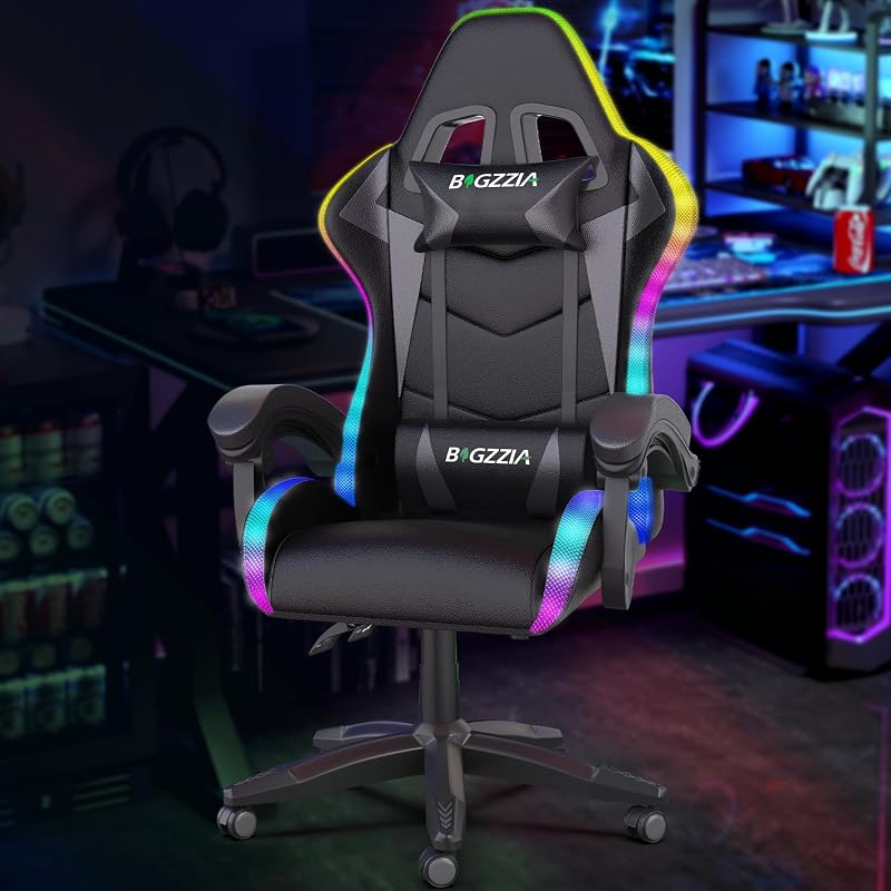 Bigzzia Gaming Chair with RGB LED Lights for Kids & Adults (Black) | High-Back Ergonomic Gamer Chair with Headrest & Lumbar Support, Racing-Style Recline, 360° Swivel & Height-Adjustable Seat.