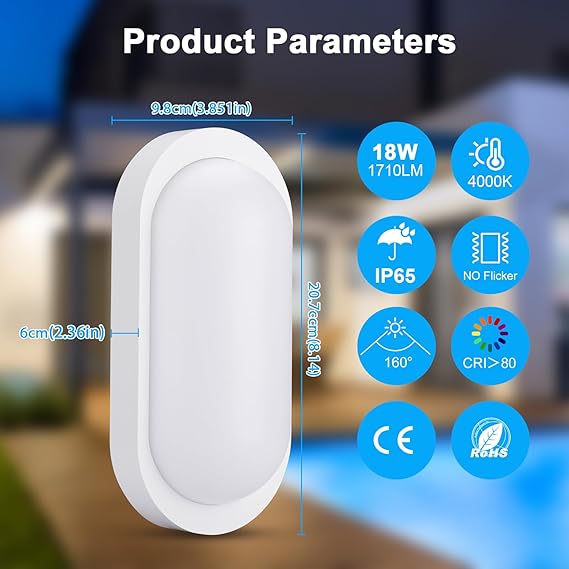 Oraymin Led-kelderlamp, 2 stuks, 18 W, 1710 lm, IP65 voor vochtige ruimtes, ovaal, 4000 K, neutraal wit, led-wandlamp, plafondlamp, plafondlamp voor trap, hal, kelder, toilet, garage, 20,7 x 9,8 x 6 photo 3