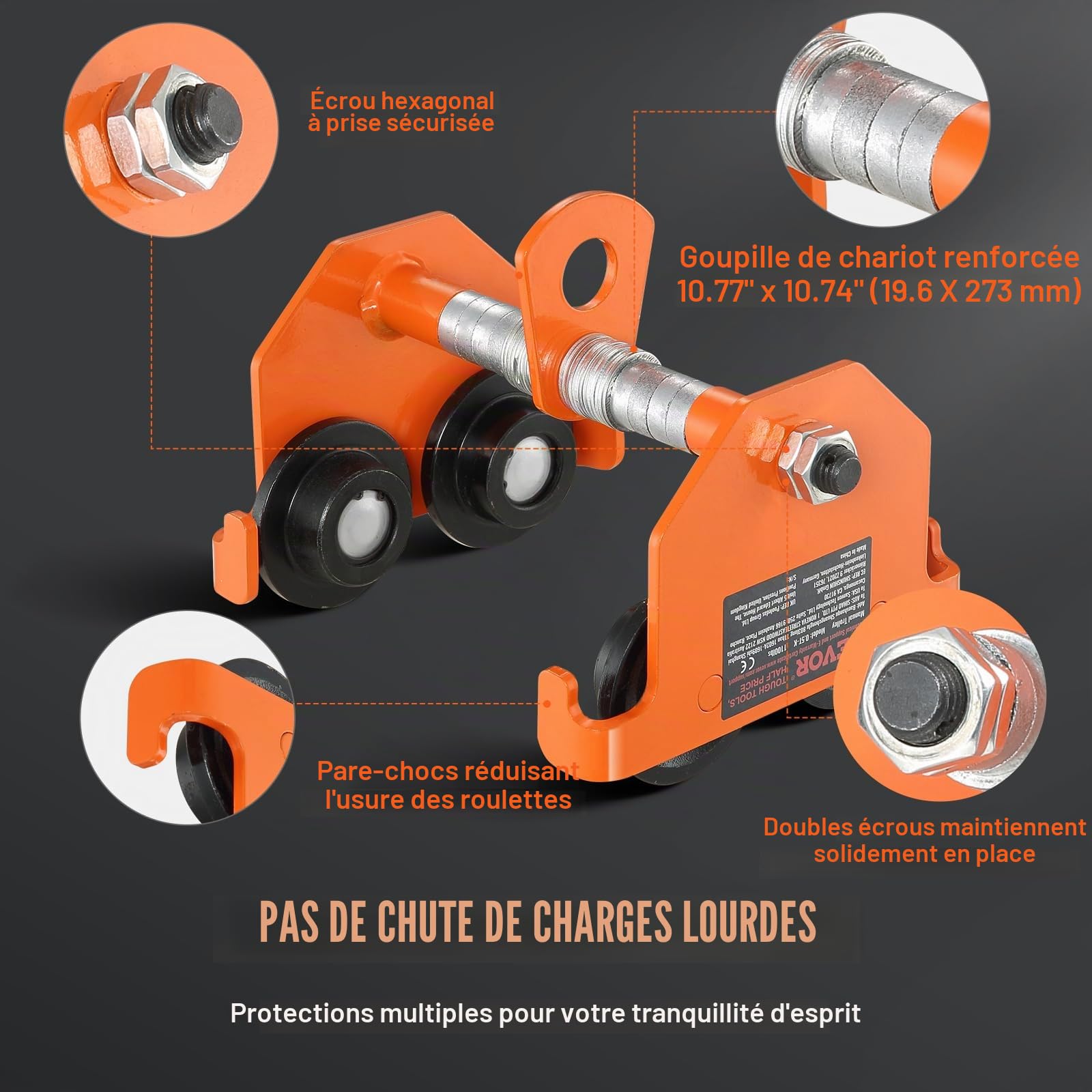 VEVOR Chariot Porte-palan Capacité de Charge 0,5 T Chariot à Poutre de Poussée Largeur Réglable 63,5-203,2 mm Chariot à Palan de Garage en Acier Allié avec Roues pour Poutres en I Droite et Courbée