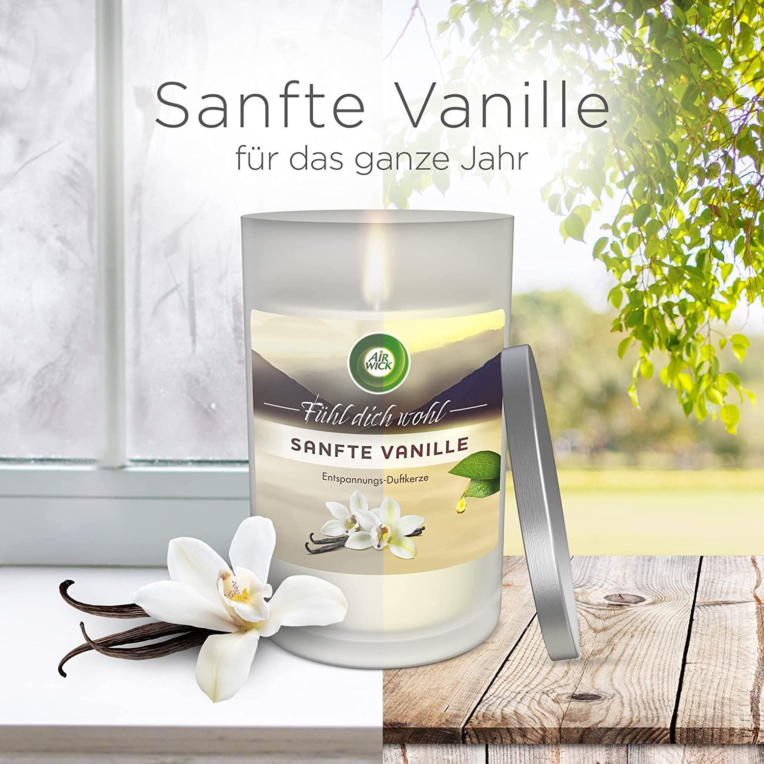 Air Wick extra große Entspannungs-Duftkerze im Glas, bis zu 60h, Sanfte Vanille mit natürliche ätherische Öle, 6 Stück
