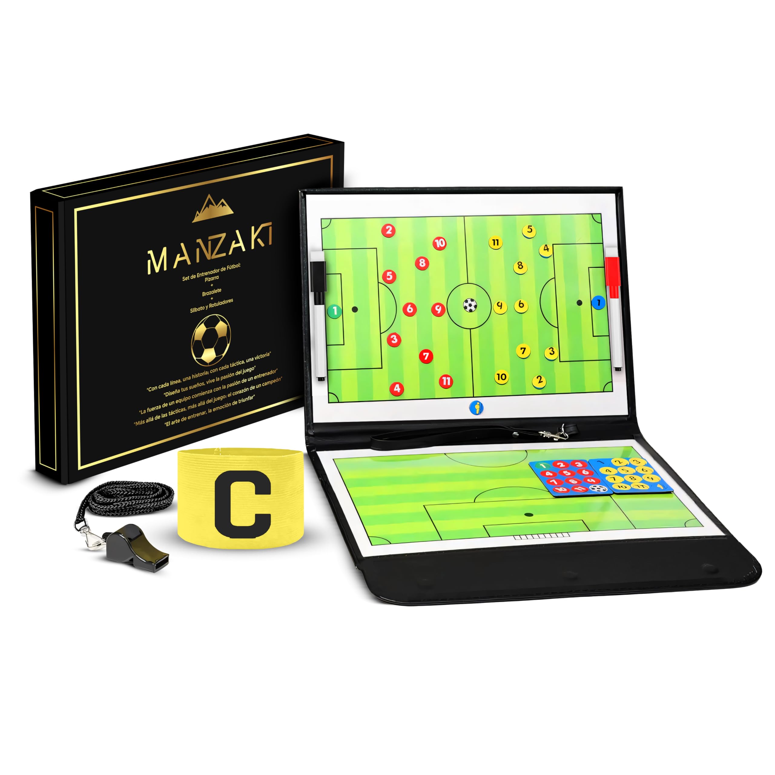 Pizarra Magnética Táctica Entrenador Fútbol con Fichas Brazalete Capitán Silbato 2 Rotuladores Cuero Negro