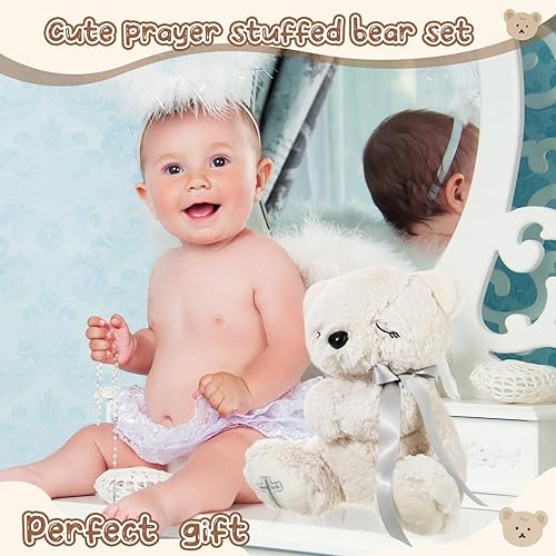 Miniatura 5 de Regalo de bautismo para bebé cristiano de peluche de oración de ovejas de 10 pulgadas con rosario, dedicación para niñas y niños, primera comunión,