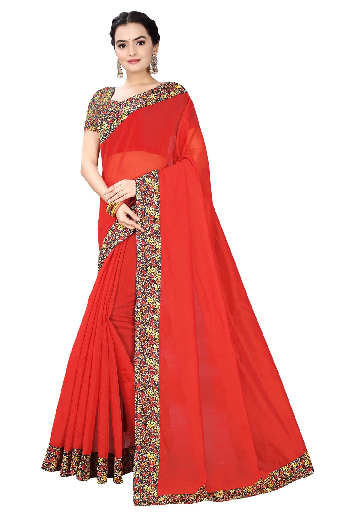 Manish Women's Chanderi Plain Lace Work Saree With Unstitched Blouse