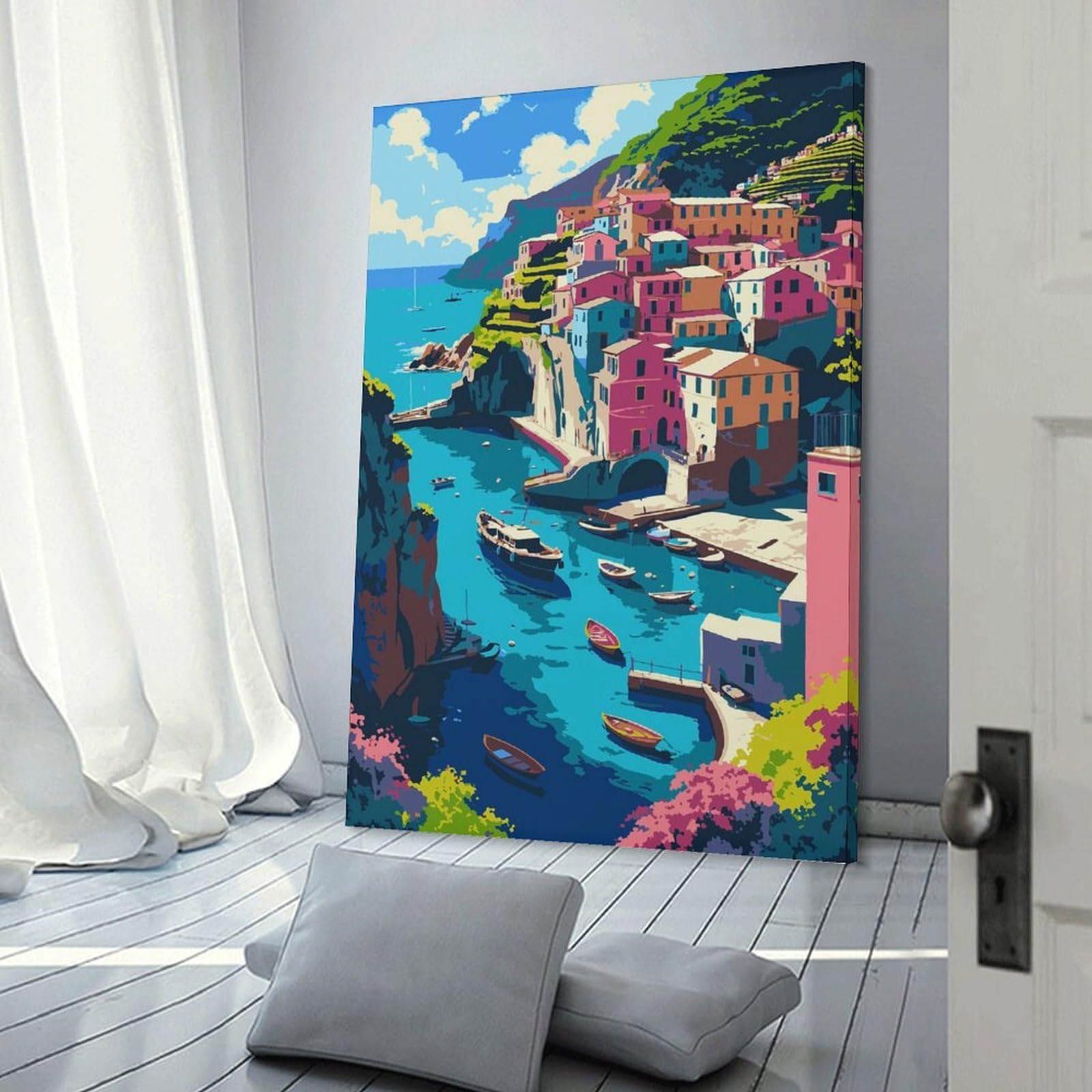 Junmoney Frame-Style-22 Colorful Coastal Village Illustration Hanging Wall Art 20X30inch(50X75cm), For Small Homes, Bedrooms Or Open Spaces, Decorative Canvas Decor For Home Updates