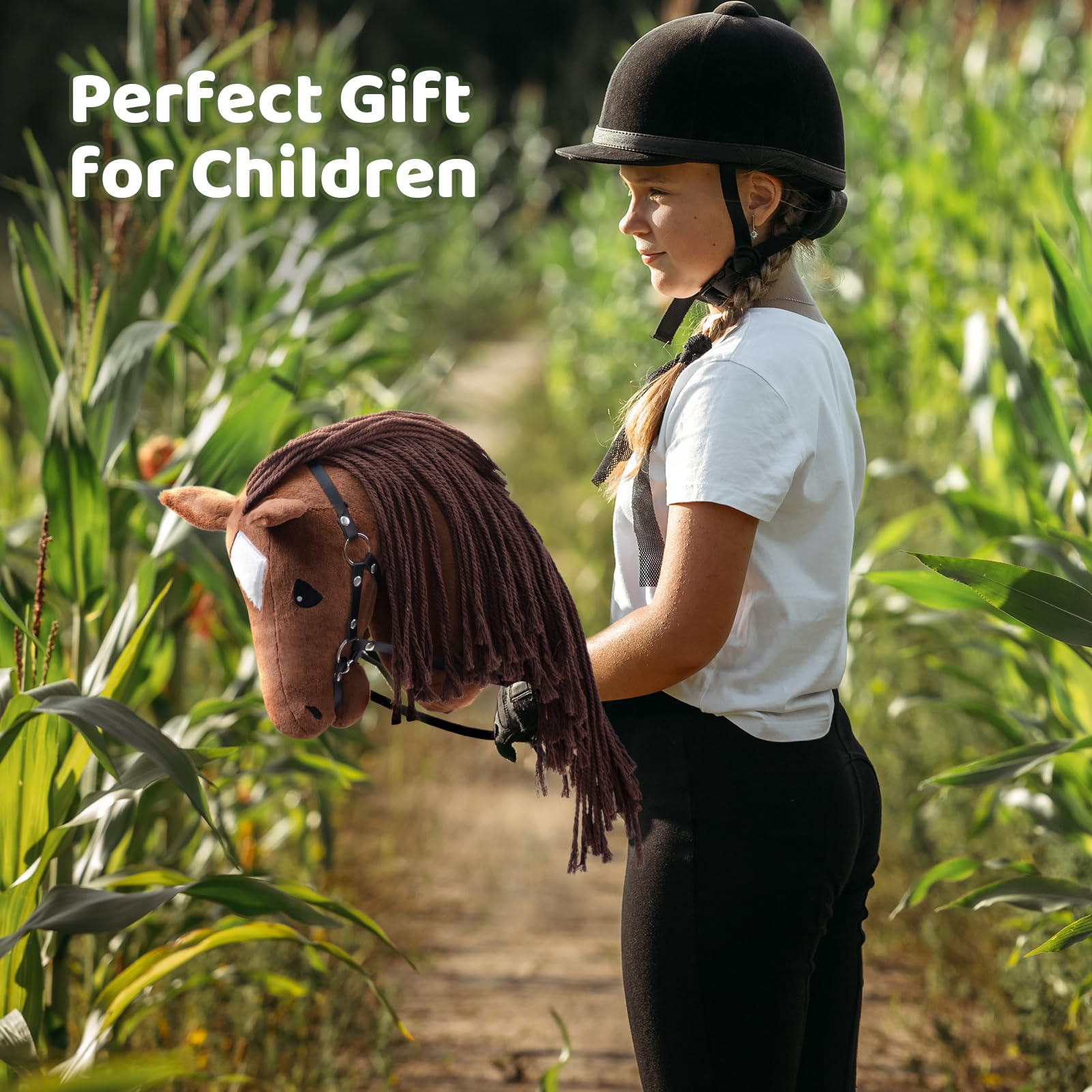 BEJOY Steckenpferd Spielzeug Pferd, Hobby Horse Holzpferd Plüschpferd zum Reiten für Kinder mit Halfter und Trense, Dunkelbraun