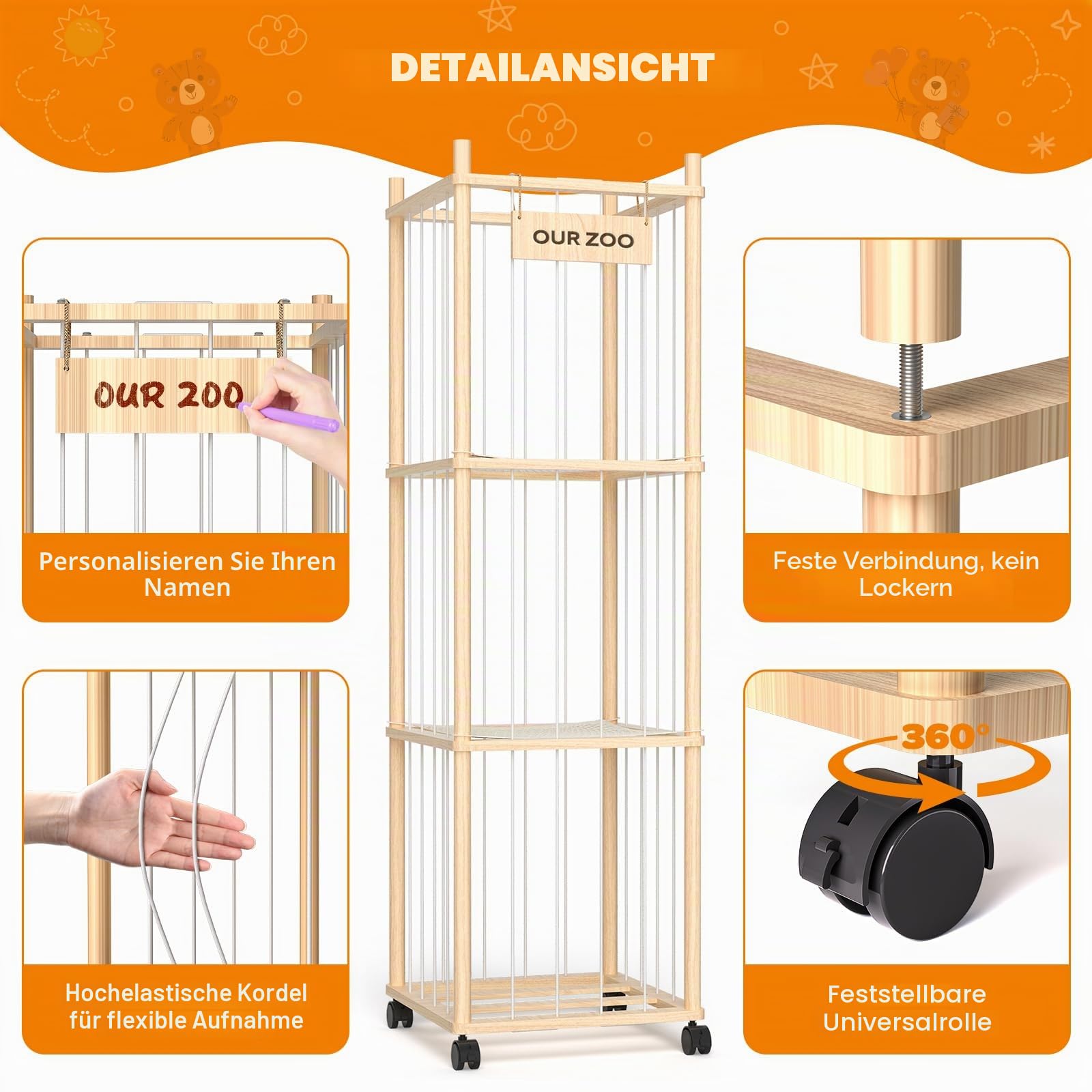 Uvellgift Holz Kuscheltier Aufbewahrung mit Netz, Stofftier Aufbewahrung Organizer 360° Drehrollen mit Bremse, Plüschtier Aufbewahrungsturm für Kinderzimmer Spielzimmer, 136x40x40cm