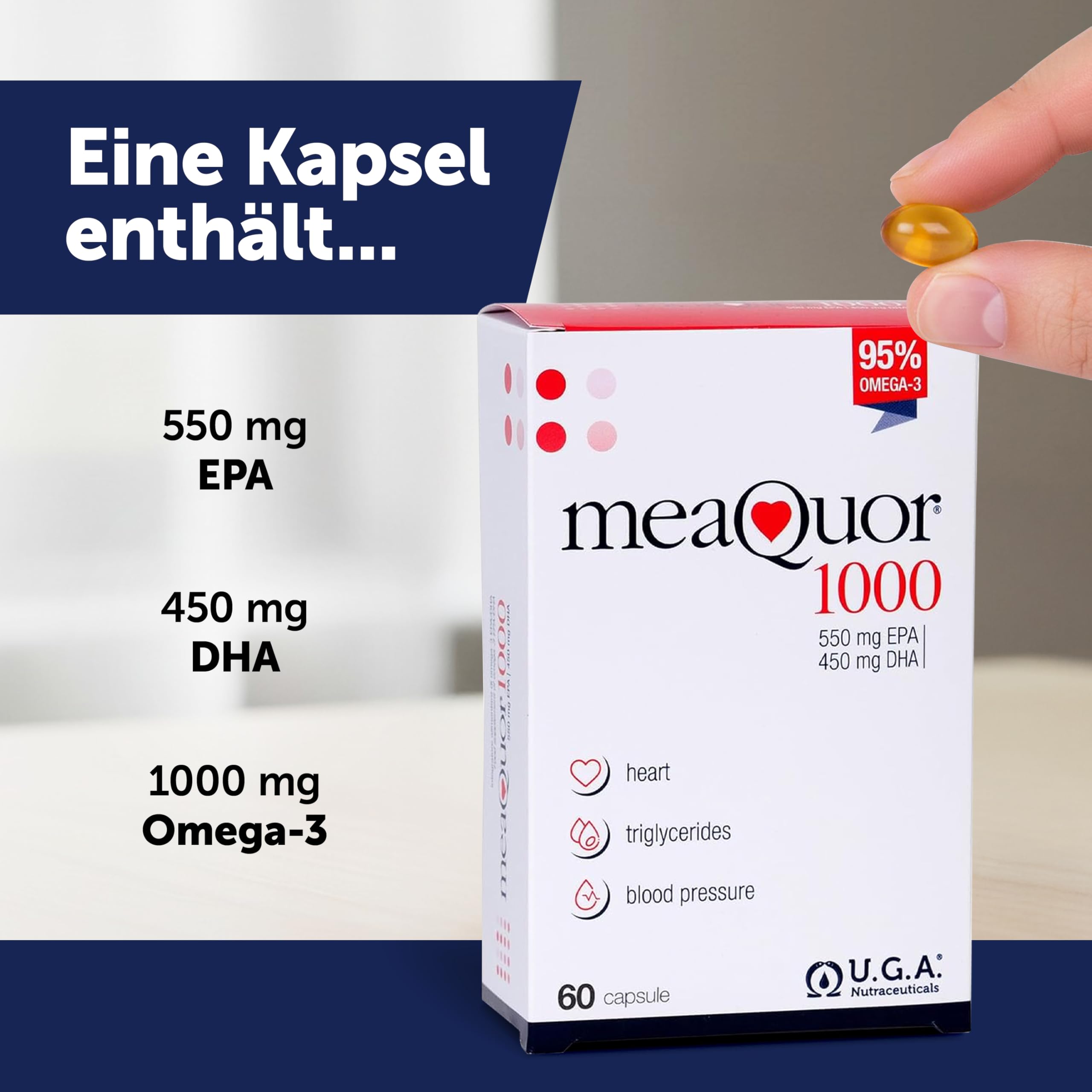 Meaquor 1000 – Fischöl Kapseln mit 95 % Omega 3 Fettsäuren – Nahrungsergänzungsmittel mit EPA & DHA – IFOS-zertifiziert, frei von Schwermetallen & Schadstoffen – 60 Kapseln