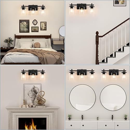 Miniatura 7 de Lámparas de tocador de baño de 3 luces sobre el espejo, modernos apliques de pared negros con pantalla de vidrio transparente, luces de tocador para