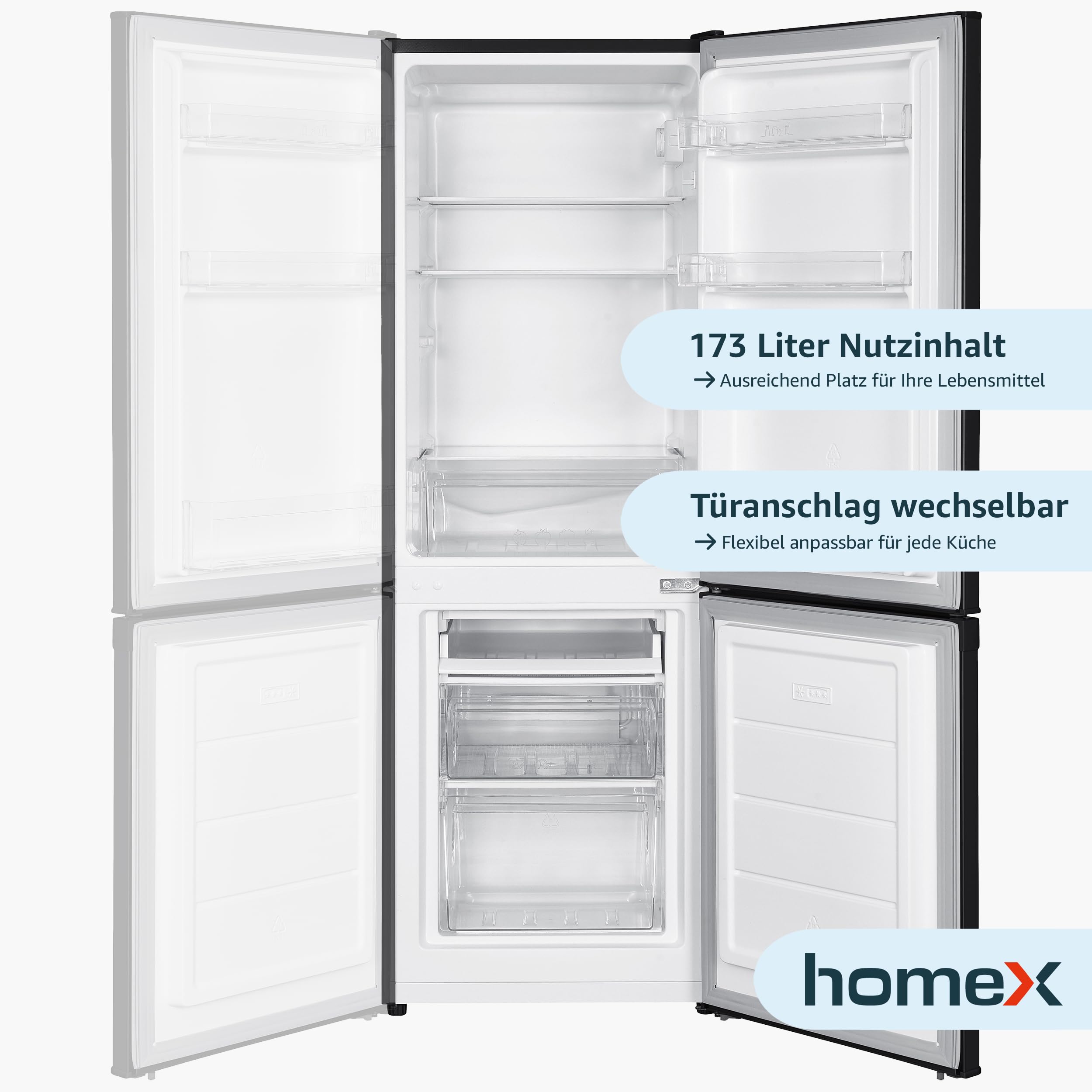 homeX Kühlschrank mit Gefrierfach | Kühl Gefrierkombination freistehend | 173 Liter Nutzinhalt | 4-Sterne Gefrieren | Höhe 142,5 cm | Leise 40 dB | Große Kühlgefrierkombi schwarz | CFS1110-B