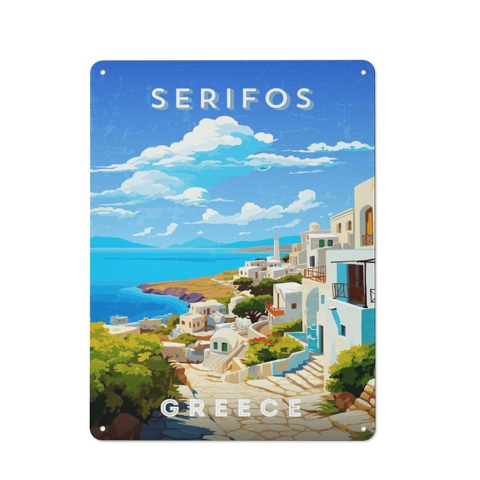 Junmoney Style-22 Metal Wall Sign 40X30cm Featuring Greece Serifos For Hallway Wall, For Hallway Decor Lovers, For Retro Home Interiors