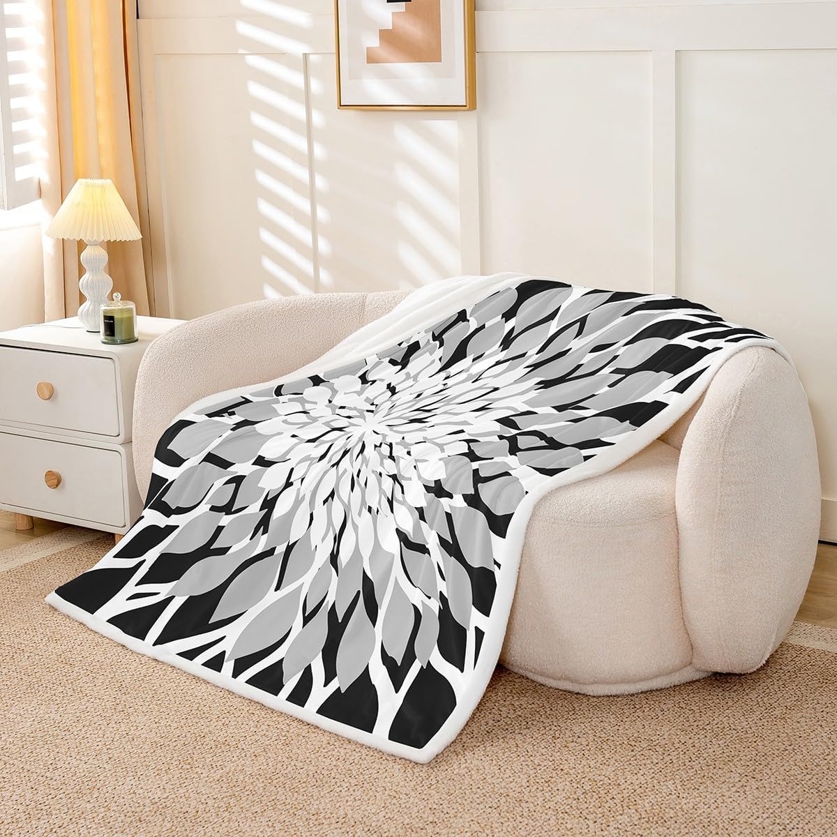 Feelyou Black Grey Flower Fleece Throw Blanket Throw 50"x60" Bohemian Style Exotic Floral Sherpa Blanket Plush Fuzzy Modern Striped Art Luxury Geometric for Bed Couch Chair Living Room
