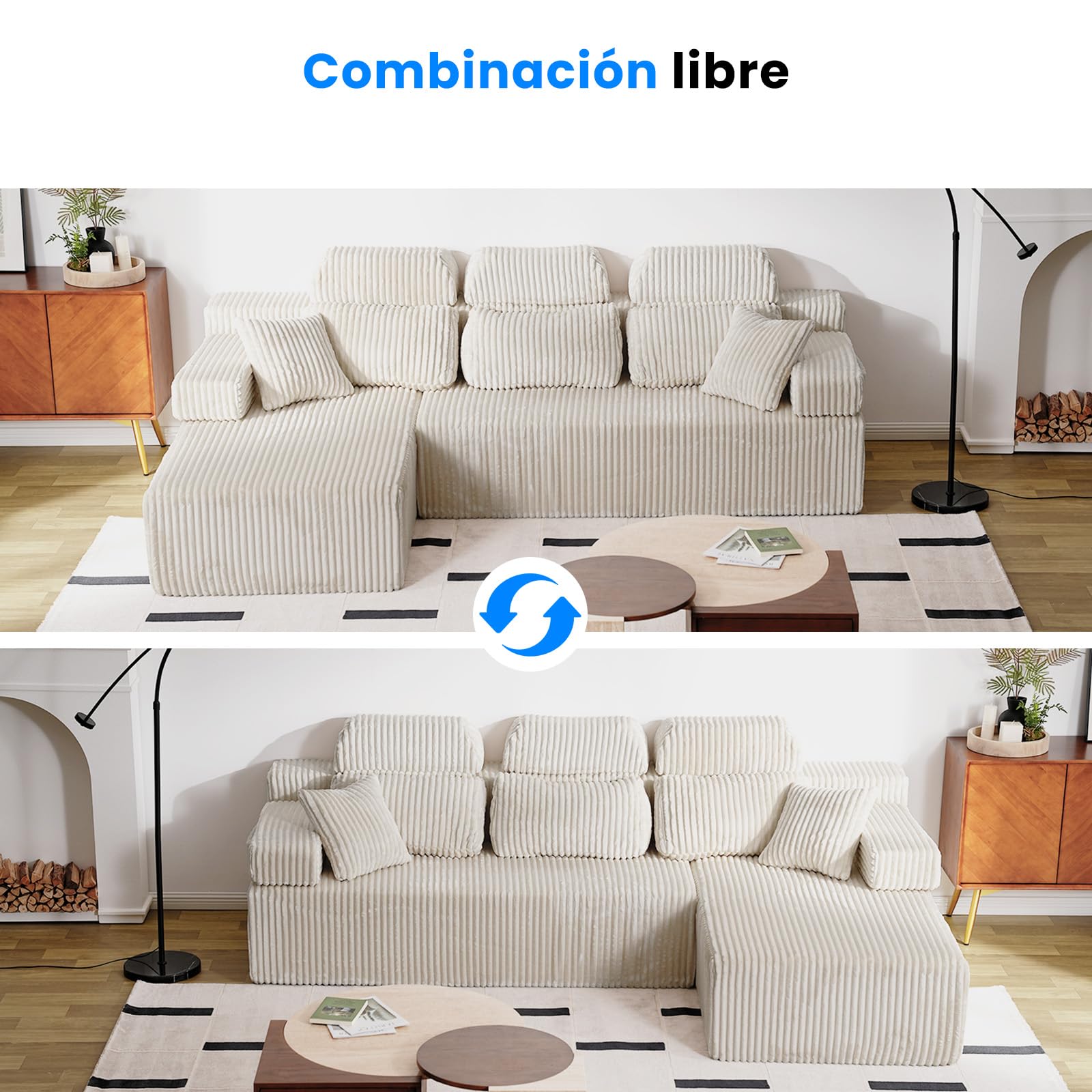 HOMRELEXA Sofá de 276 cm con Respaldo Alto, sofá Cama en Forma de L de Pana, sofá de 3 plazas con otomana Izquierda o Derecha, sofá Relax para salón, Independiente, sin Montaje (Beige)