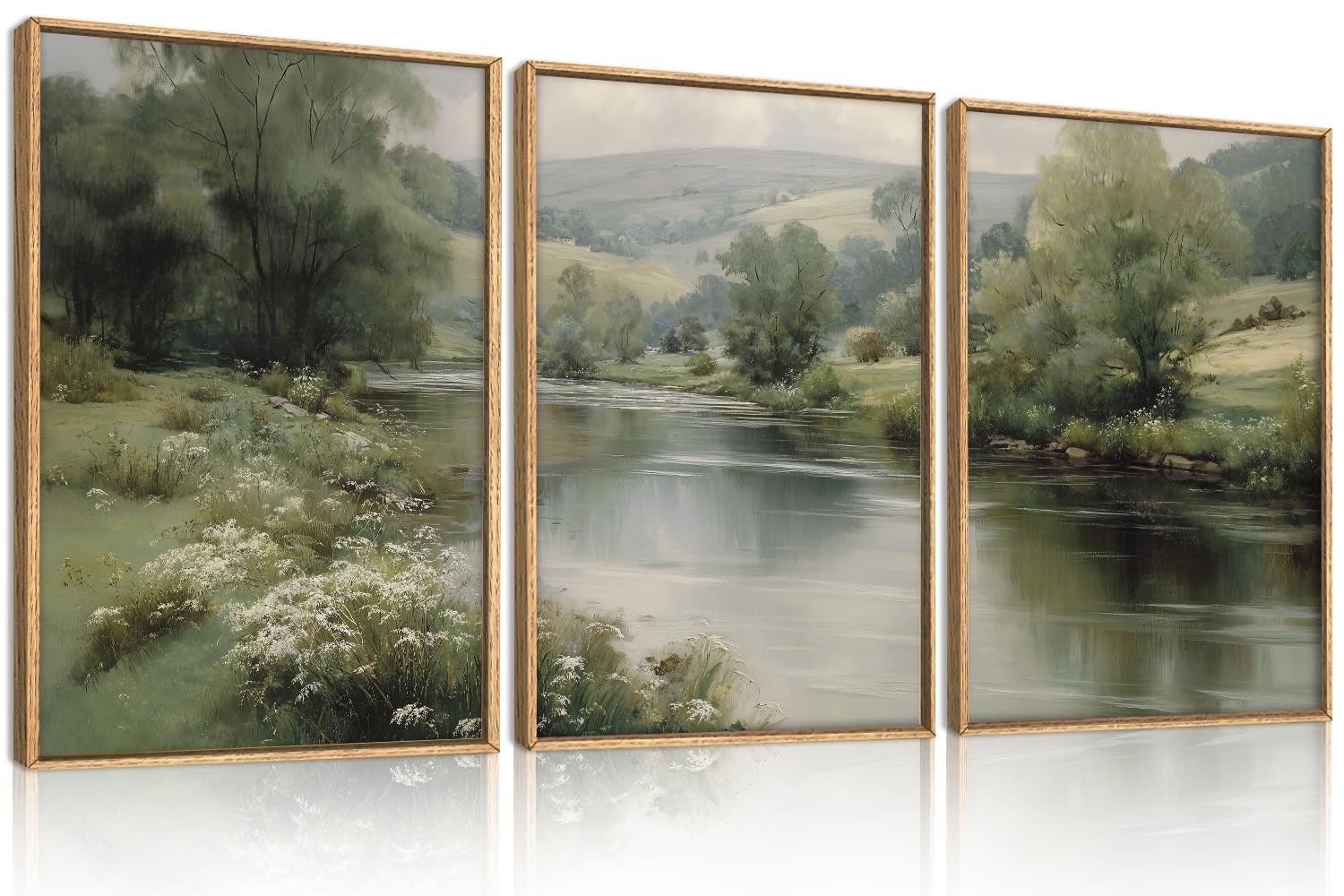 Photo 1 of Aurlan Vintage River Landscape Framed Canvas Wall Art Set - 24"x36"x3