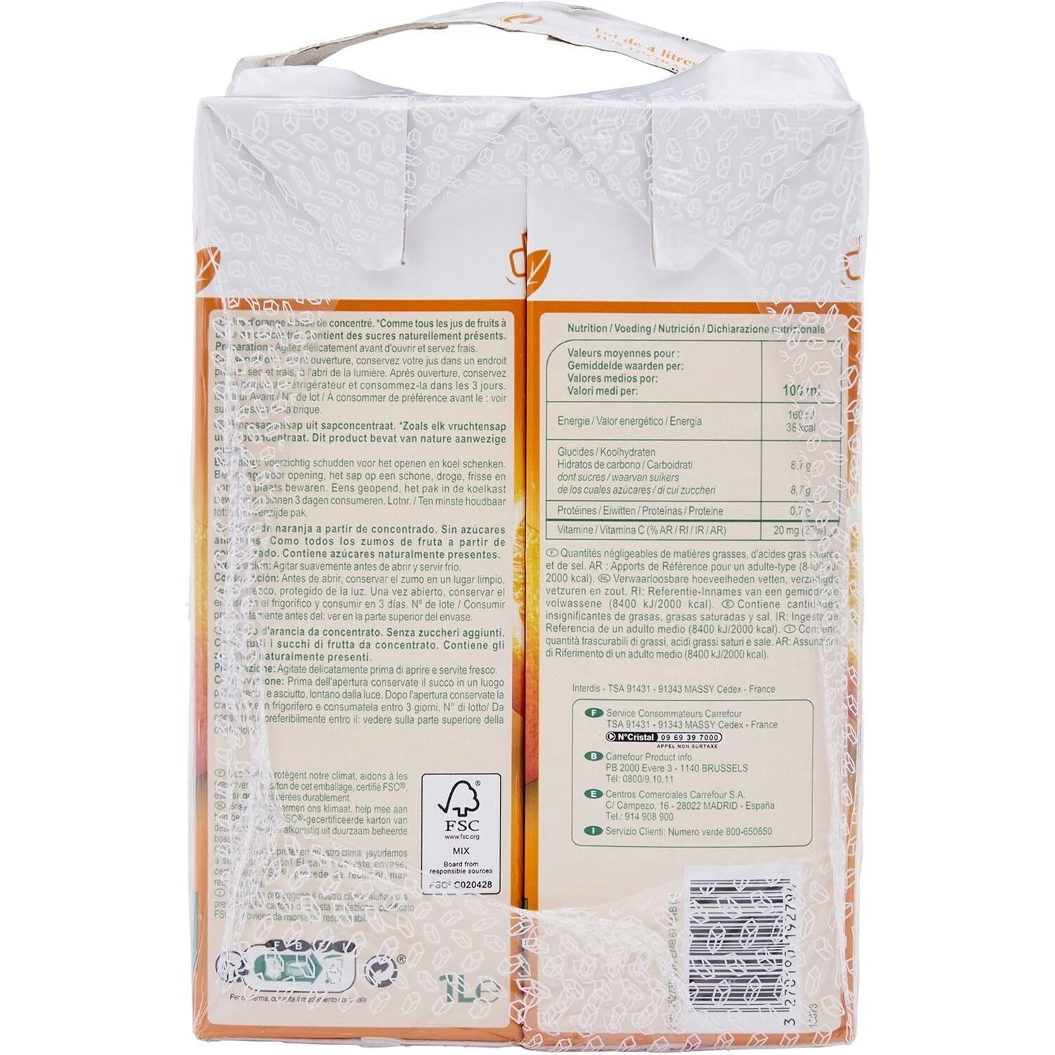 CARREFOUR CLASSIC' Jus d'Orange Sans Pulpe — 4 x 1 Litre, 100% Teneur en Fruits, Sans Sucres Ajoutés - Lot de 3