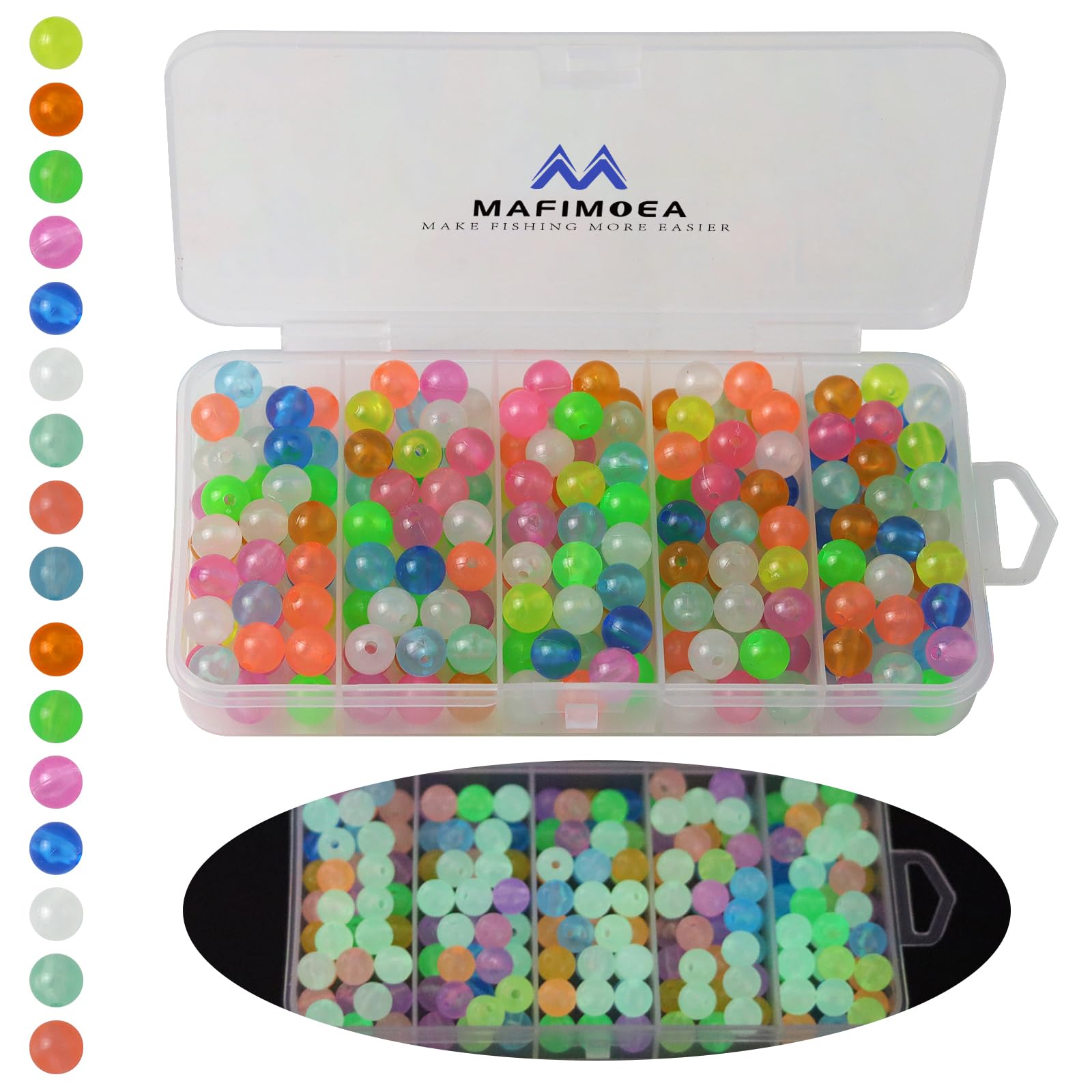 MAFIMOEA 200/500pcs Luminous Fishing Beads Bait Eggs Assorted Set Plastic Fishing Line Rig Bead for Bass Catfish 6mm 8mm Freshwater Saltwater