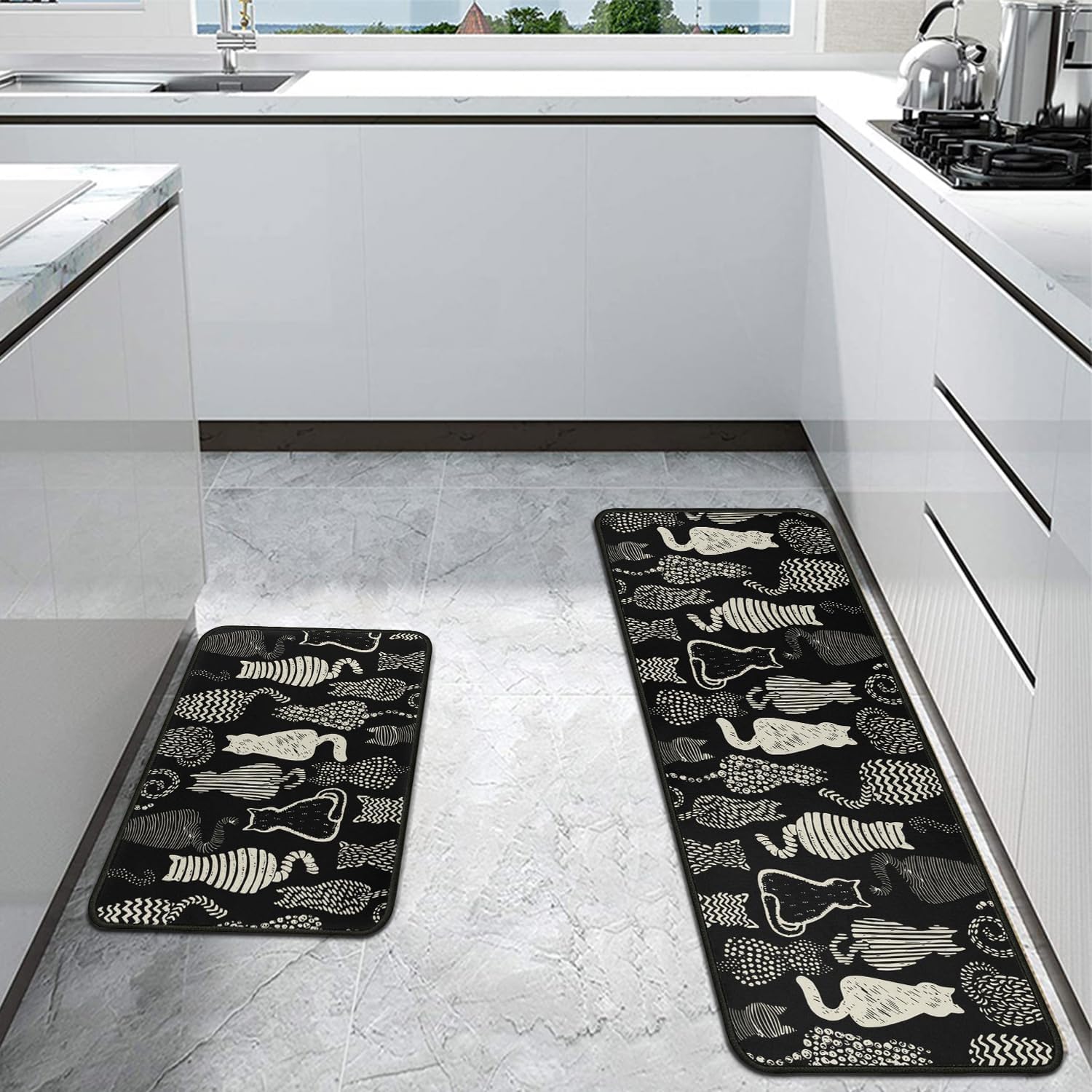Cute Black Cat Kitchen Mats Set of 2, Non-Slip Washable Cat Kitchen Mats, Funny Black Cat Rugs for Kitchen, Sink, Laundry Room, Bathroom, Home Decoration, Gift for Cat Lovers, 17x30+17x47In