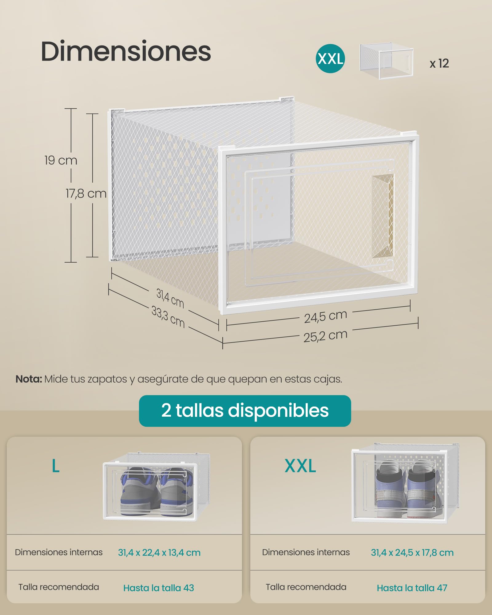 SONGMICS Cajas de Zapatos, Organizador de Zapatos de Plástico, Plegable y Apilable, para Zapatos de hasta Talla 47, Juego de 12, Transparente y Blanco Nube LSP12MWT