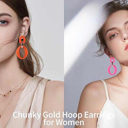 Miniatura 4 de 2 pares de aretes de aro gruesos de oro para mujer, aretes de aro ovalados de acrílico de los años 70, aretes de moda de verano para mujer