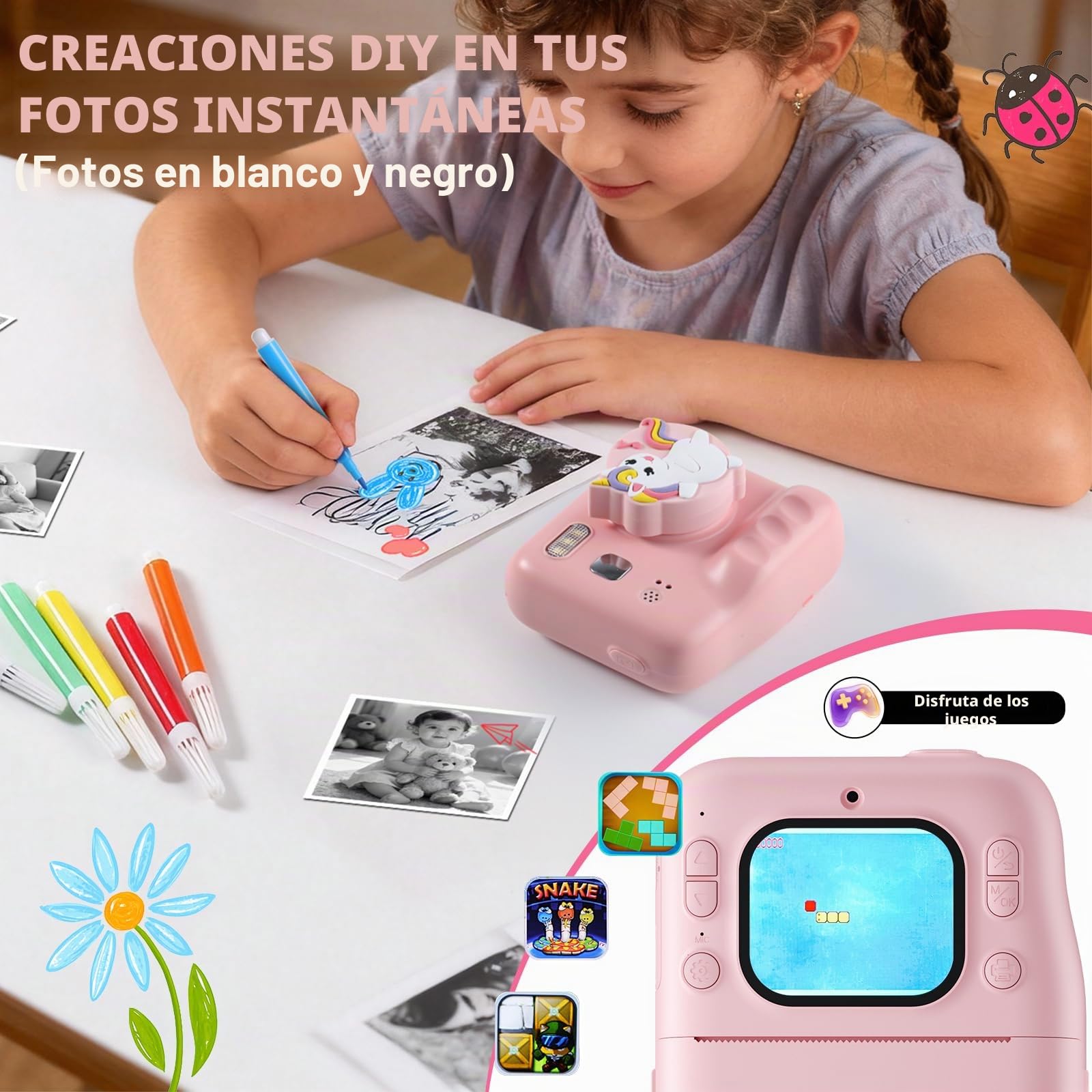 Camara Fotos Infantil Instantanea, Cámara Instantánea para Niños con Tapa de Lente de Unicornio, Papel de Impresión y Tarjeta SD de 32G, Cámaras duales, Regalo para Niños de 3 a 14 años (Rosa)