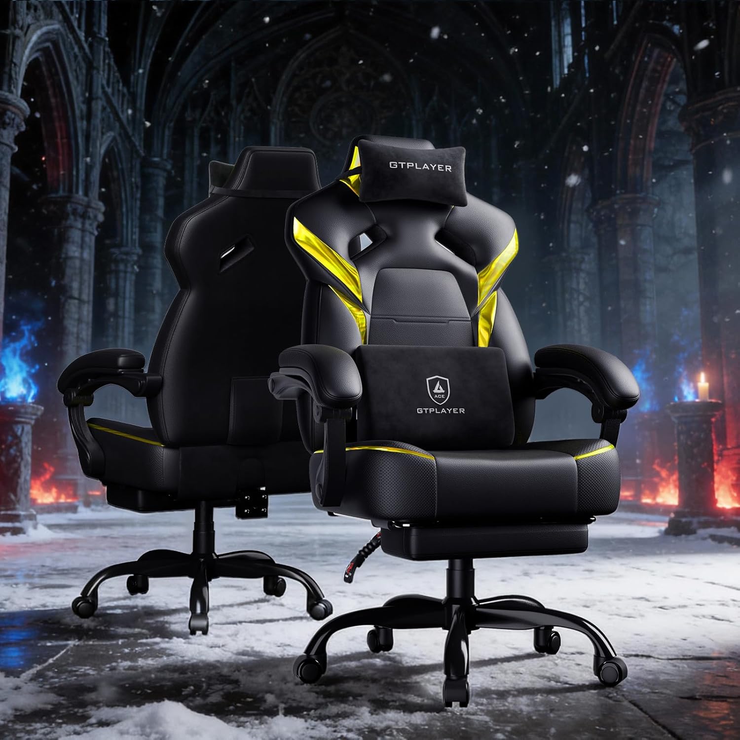 GTPLAYER Big and Tall Gaming Chair for Adults, Ergonomic Office Chair with Footrest, Heavy Duty 350 lbs Capacity, High Back, Premium Leather & Iridescent Trim, ACE-Armor, Black & Yellow