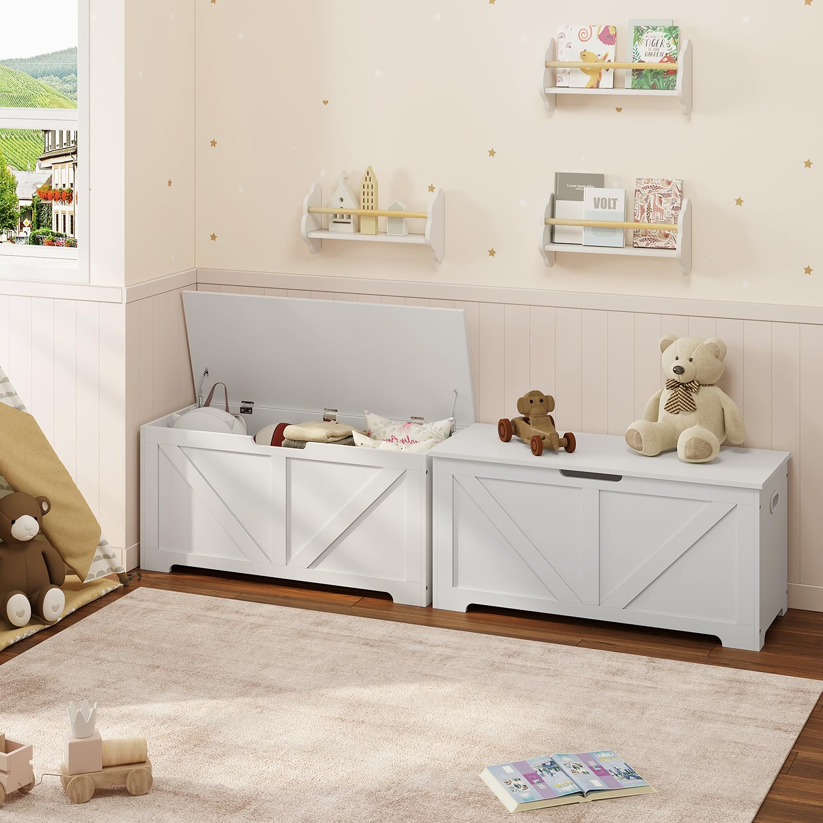WOLTU Banco de Almacenaje, Baul Blanco 100x40x47 cm, Baúl Almacenaje de 76 L, Puff Organizador con Asiento, Madera, para Pasillo, Entrada, Dormitorio