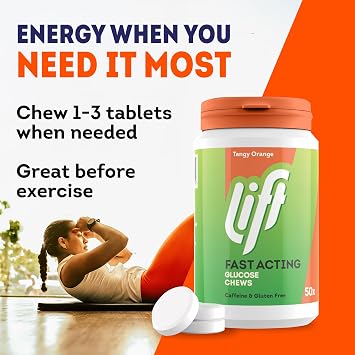 Lift Fast-Acting Glucose Tablets, Orange, 50 Count, 6 Pack | Fast-acting glucose tablets with 3.7g glucose per tablet; Caffeine-free, vegan; Orange flavour; 50-tablet tub, 6 pack