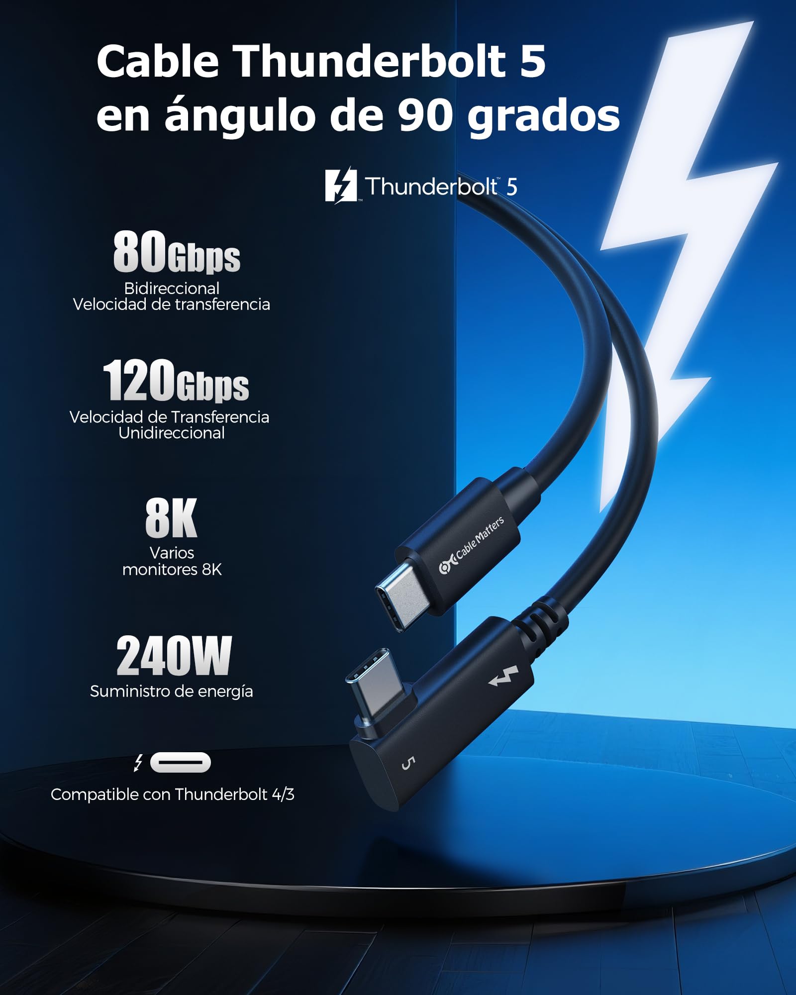 Cable Matters [Certificado por Intel Cable Thunderbolt 5 en ángulo recto de 80G con aumento del ancho de banda de hasta 120G y carga de 240 W - 0,8 m, compatible con Thunderbolt 4, USB4, USB C, negro