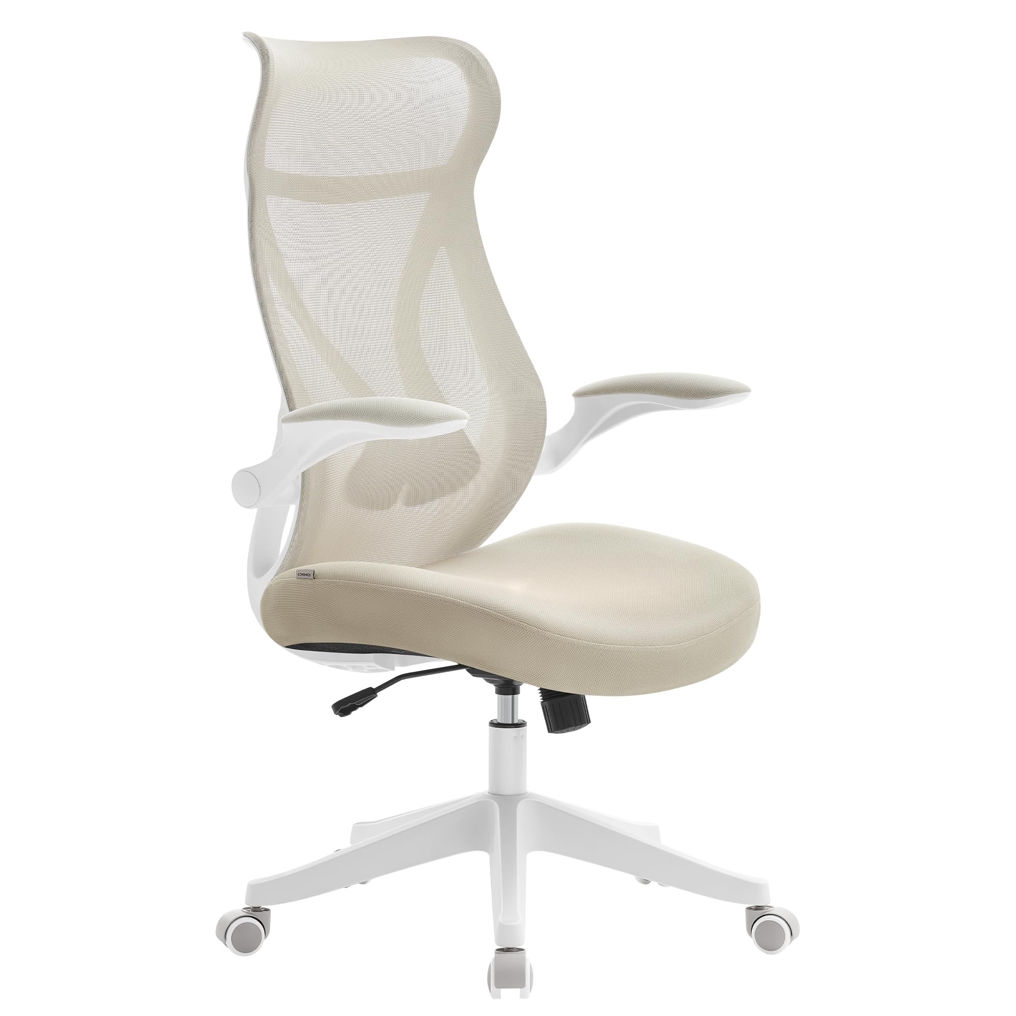 SONGMICS Krzesło biurowe, obrotowe krzesło siatkowe, ergonomiczne oparcie, regulacja wysokości, rozkładane podłokietniki, zagłówek, obciążenie do 150 kg, beżowy cappuccino OBN088K01