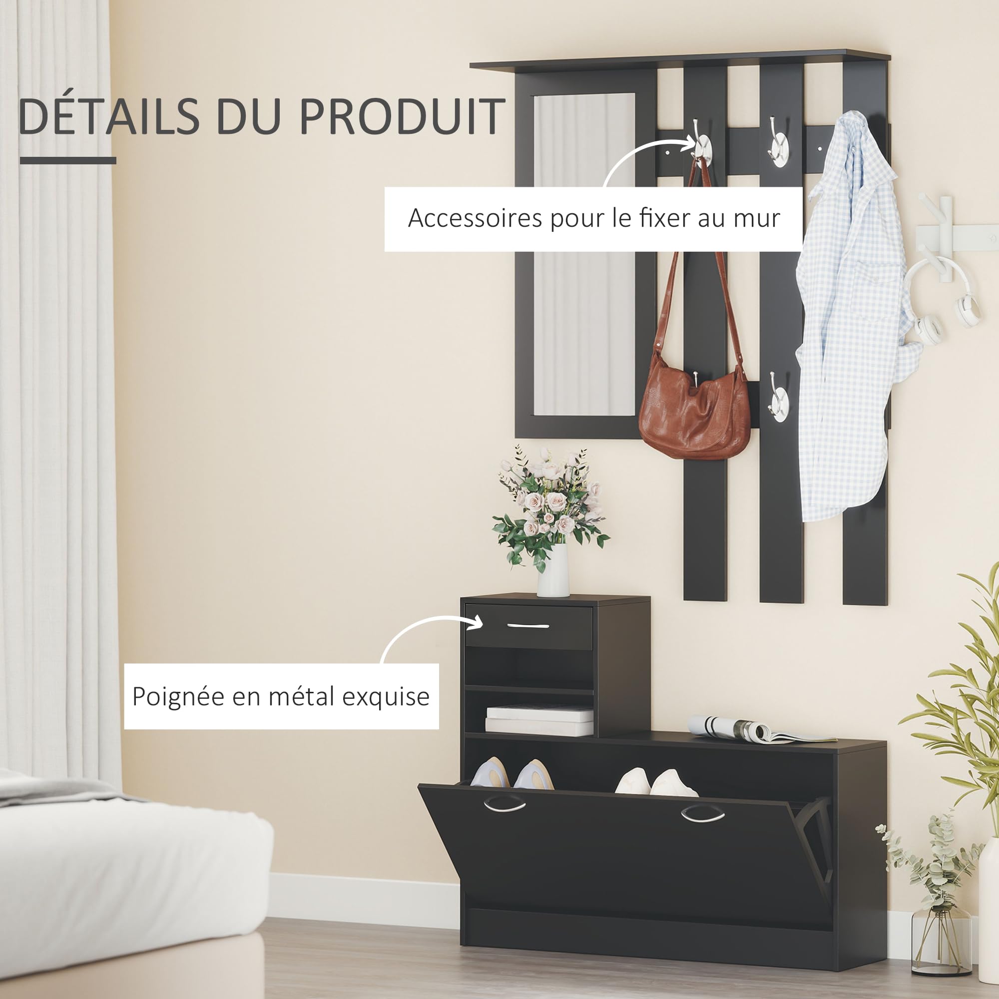 HOMCOM Ensembles 3 en 1 de Meuble d'Entrée Vestiaire Noir | Panneau Porte-Manteau, Miroir, Banc à Chaussures, 6 Crochets, Étagère Réglable