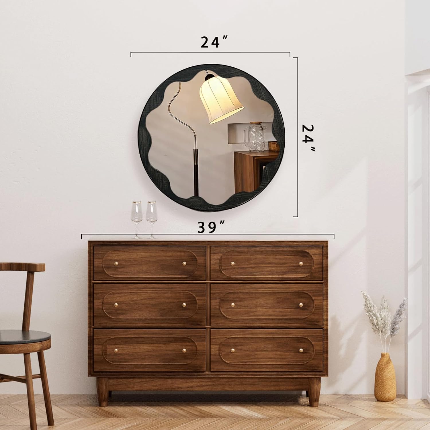 COOL2DAY Round Wood Wall Mirror 24 Inches, Large Circle Mirrors with Black Wood Frame,Decorative Wall Mounted Mirror for Bathroom, Entryway, Dining Room or Living Room