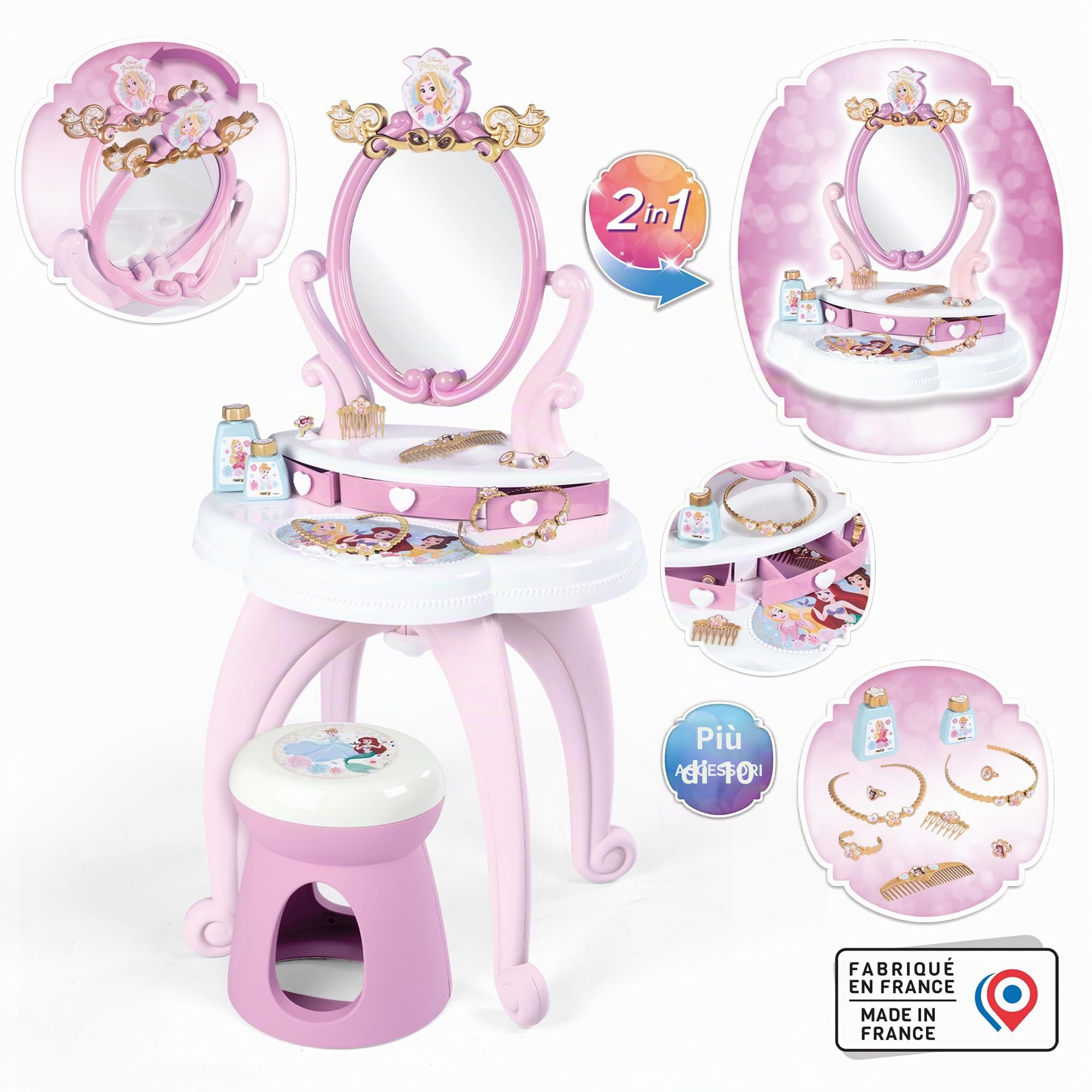 Smoby - Disney Princess specchiera 2 in 1, 7600320250, +3 anni, con sgabello, specchio girevole, da specchiera a tavolo, 10 accessori