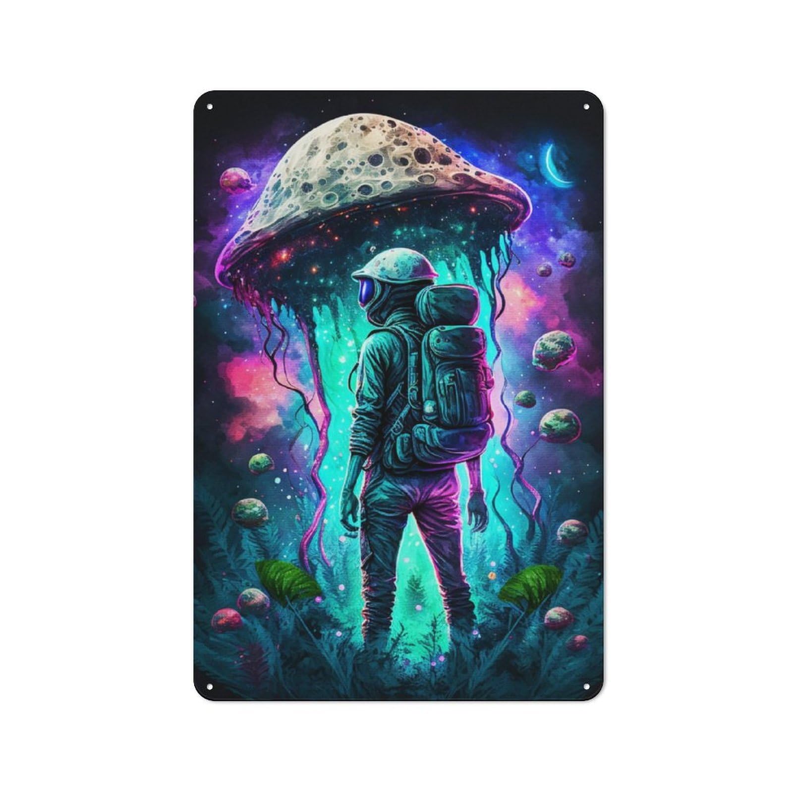 Junmoney Mushroom Space Explorer Metal Plaque 30X20cm With For Garage Wall, Rustic Decor, For Winter Interiors And Metal Sign Collectors