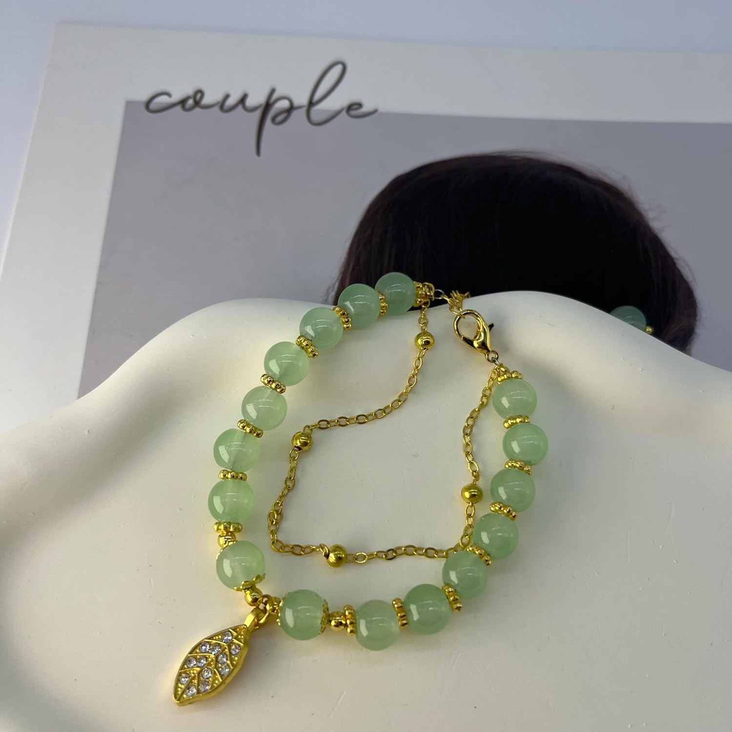 Hetian Jade Bracelet for Women Double Layer Green Beaded Monstera Palm Leaf Bracelet Adjustable Classic Bracelet with Zircon Leaf Charm Ladies Jewelry - Image 5
