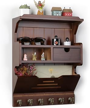 Key Holder for Wall, Elegant Wall-Mounted Mail Organizer with Storage Drawers, Walnut