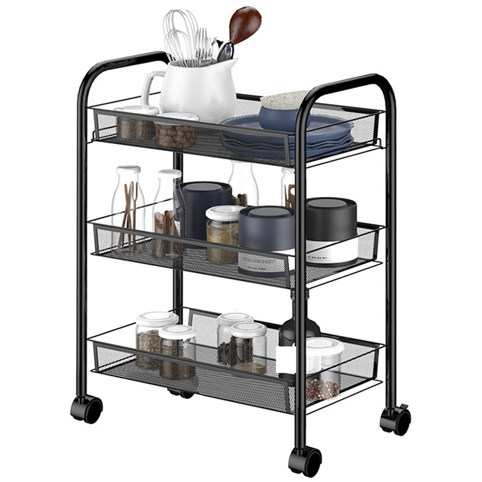 Eiwitany Mobile Racks, Net Baskets, Multi-layer Floor Trolleys Can Store Snacks, Cosmetics, Fruits and Vegetables, Books, Kitchen Utensils, Etc. (black three layers)