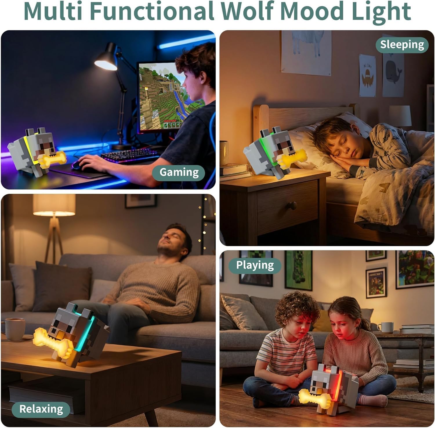 Pixel Style Wolf Night Light - 3D Color Changing Game Inspired Decor Gifts for Boys Kids Teens - Tap to Change Colour Led Desk Lamp for Bedroom, Battery Powered Gaming Merchandise Pixel Dog Table Lamp