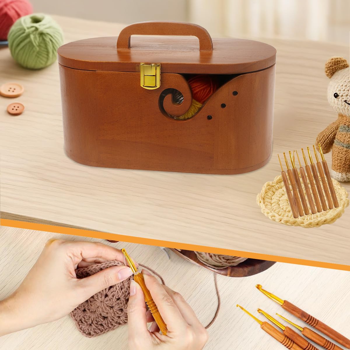 Tragbare ovale Garnschale aus Holz – mit Deckel, Schloss und Griff, 9 Stricknadeln, perfekter Organizer für Fäden und Strickzubehör
