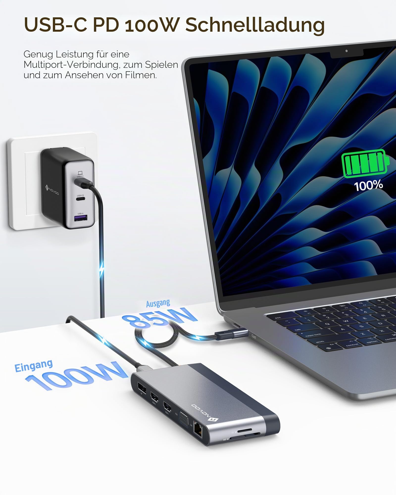 NOVOO Docking Station Dual Monitor, USB C Hub Dual HDMI 4K 60Hz, Displayport, VGA, Gigabit Ethernet, PD 100W, USB x5, SD/TF und 3,5 mm Audio, Dockingstation für MacBook HP Lenovo Dell