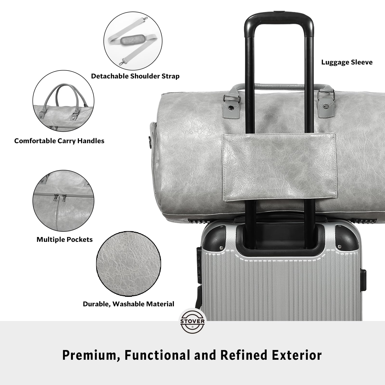 STOVER Bolsa de viaje grande 2 en 1, equipaje de mano convertible para hombres y mujeres, trajes colgantes, vestidos, ropa, compartimento para zapatos, bolsa de fin de semana, Piel sintética - Gris